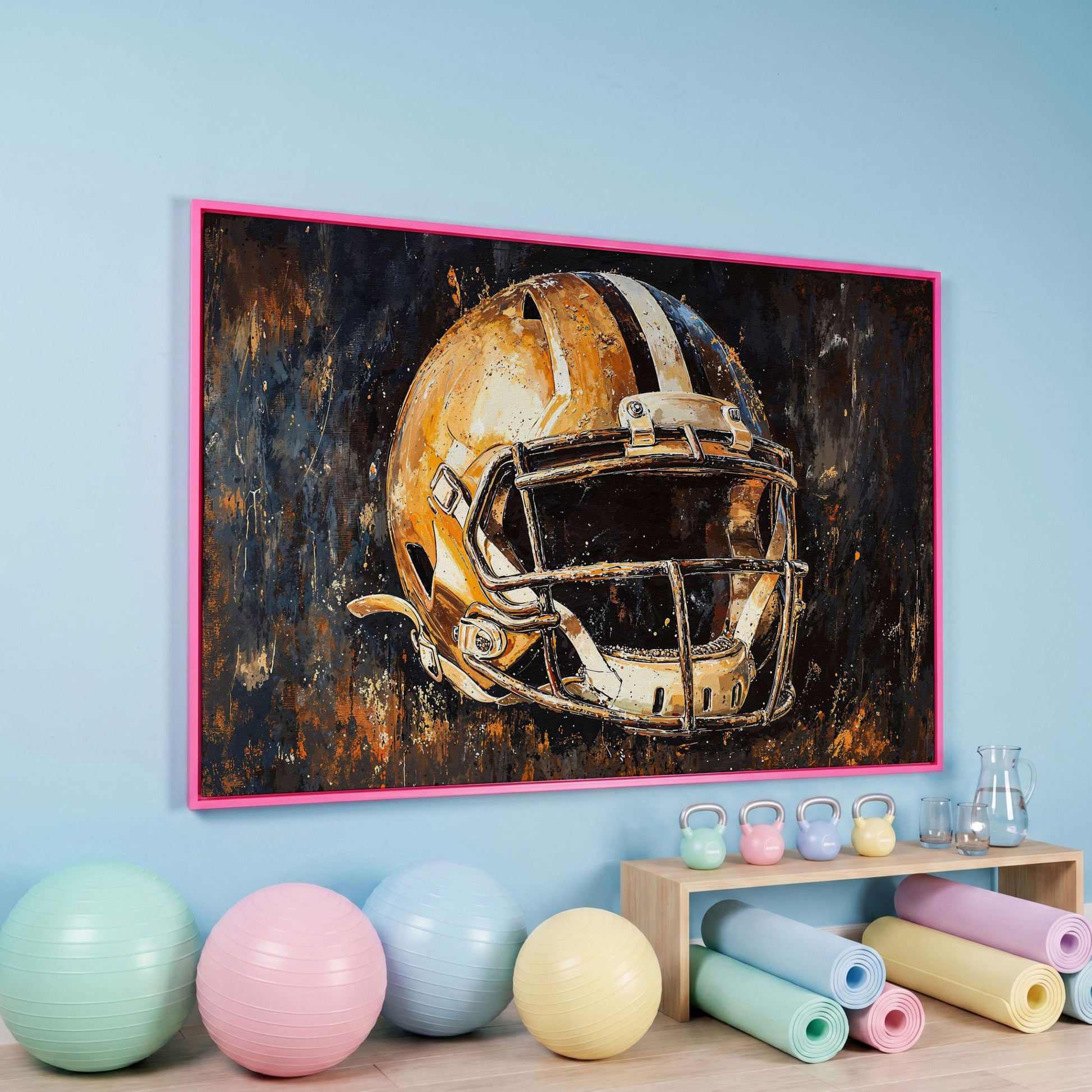Football Helmet Canvas Wall Art in Burnt Umber & Slate in pink floating frame