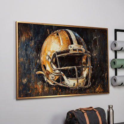 Football Helmet Canvas Wall Art in Burnt Umber & Slate in rose gold floating frame