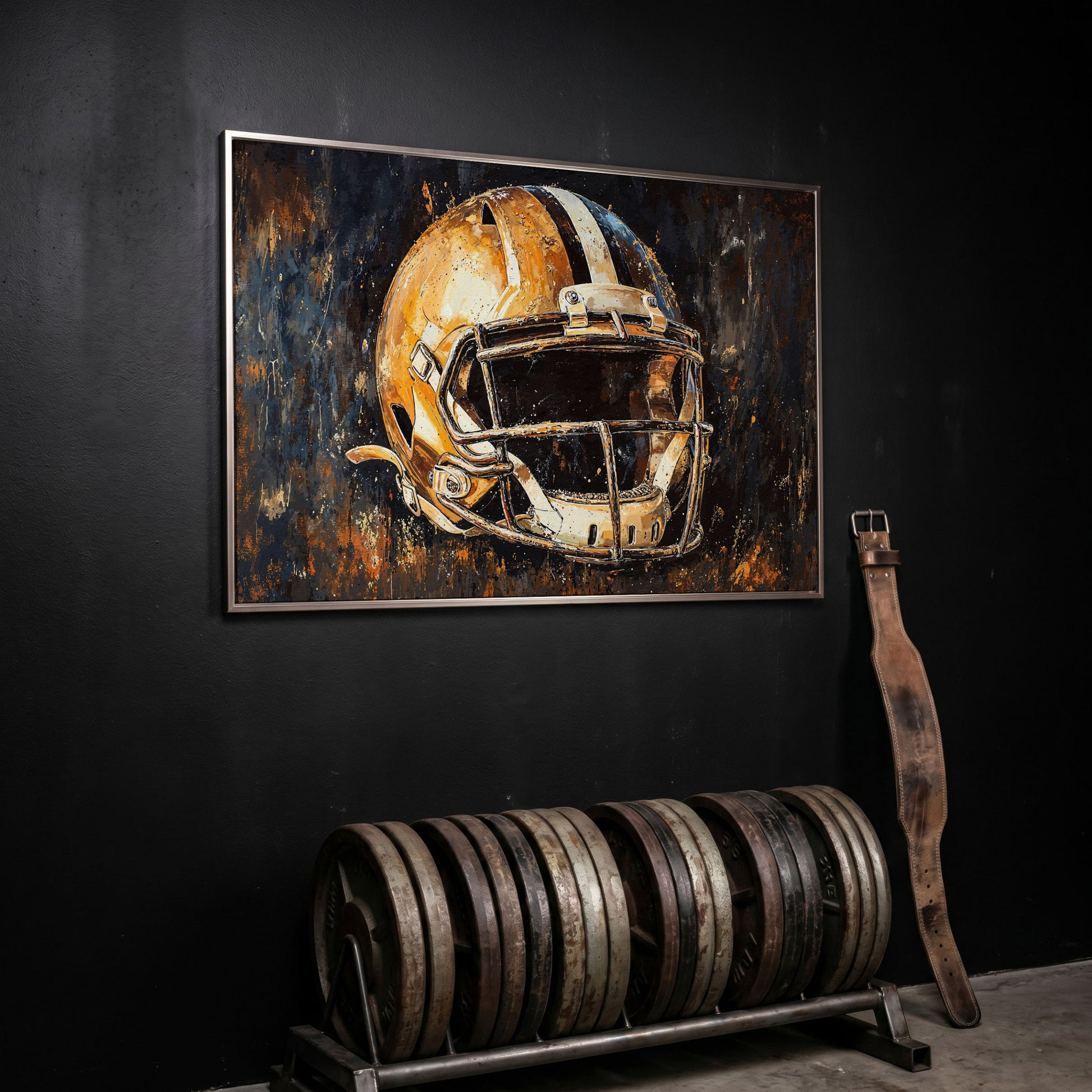 Football Helmet Canvas Wall Art in Burnt Umber & Slate in silver floating frame