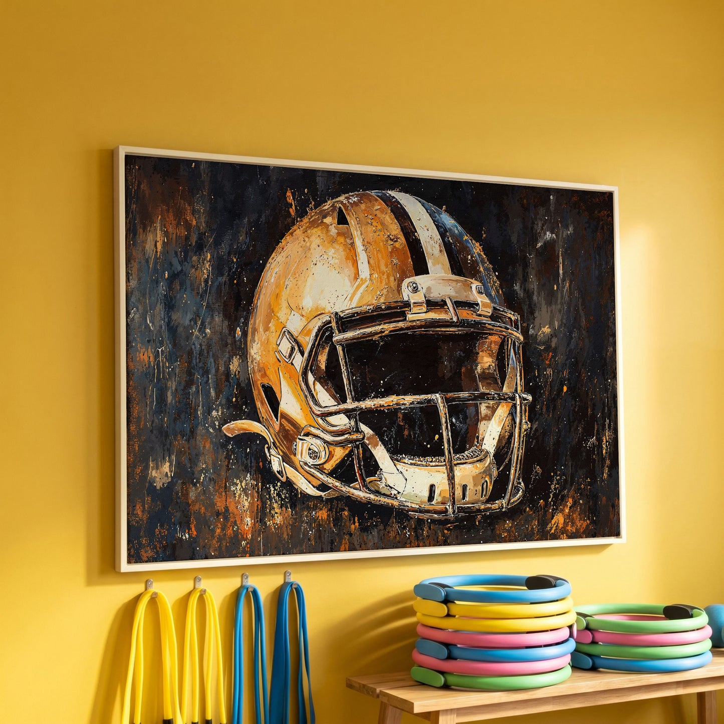 Football Helmet Canvas Wall Art in Burnt Umber & Slate in white floating frame