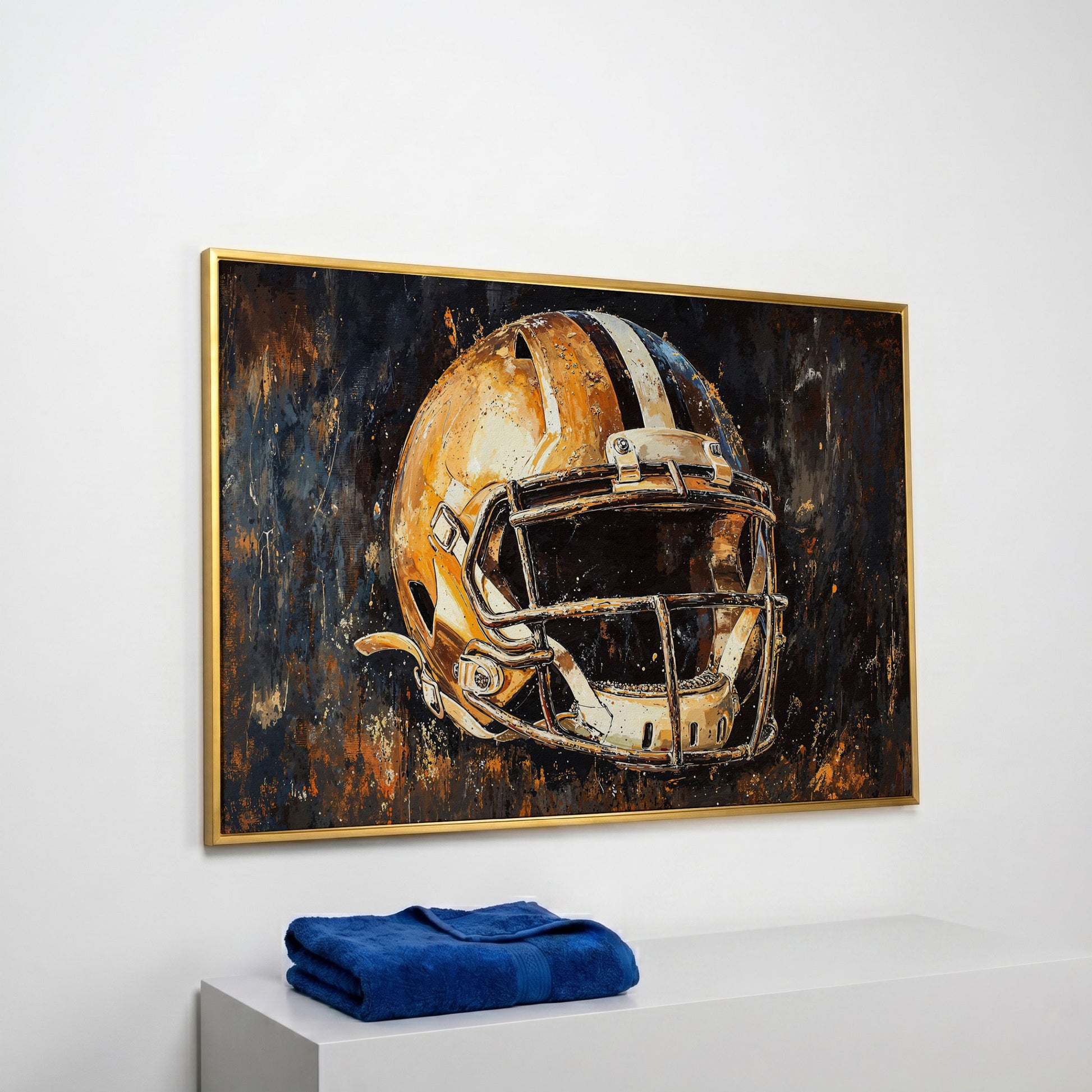 Football Helmet Canvas Wall Art in Burnt Umber & Slate in yellow gold floating frame