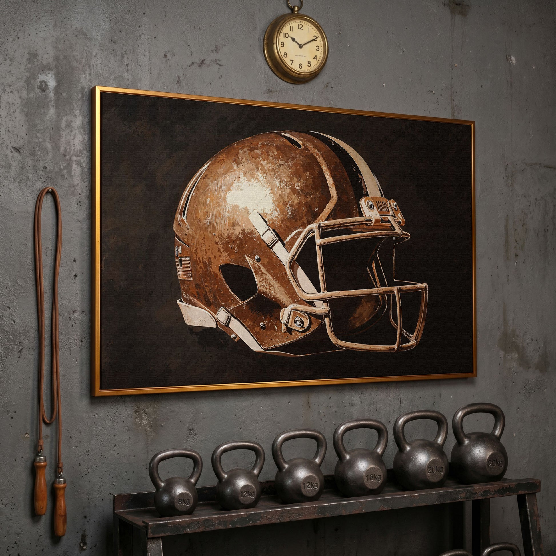 Classic Football Helmet Canvas Print in antique gold floating frame