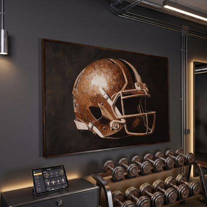 Classic Football Helmet Canvas Print in dark walnut floating frame