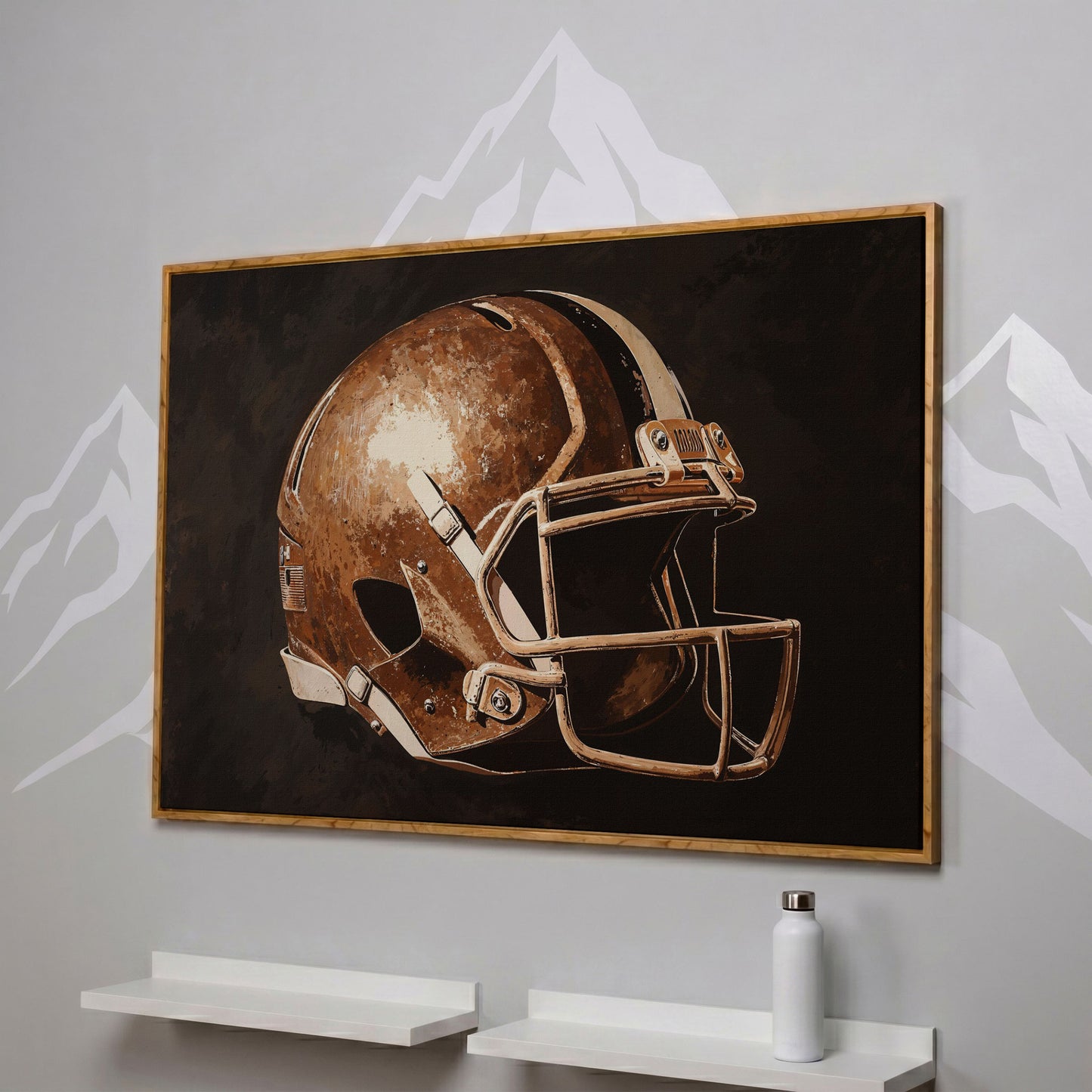 Classic Football Helmet Canvas Print in white oak floating frame
