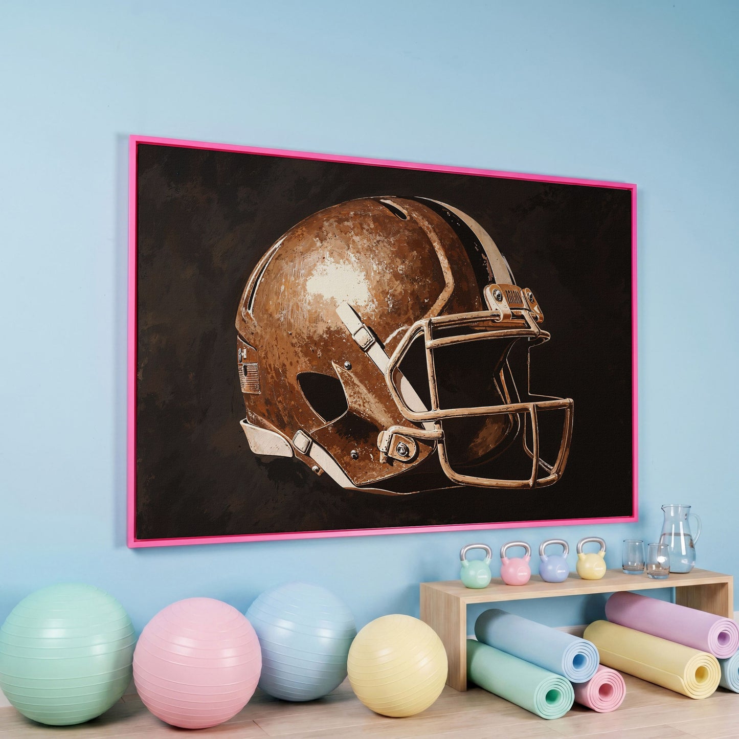 Classic Football Helmet Canvas Print in pink floating frame