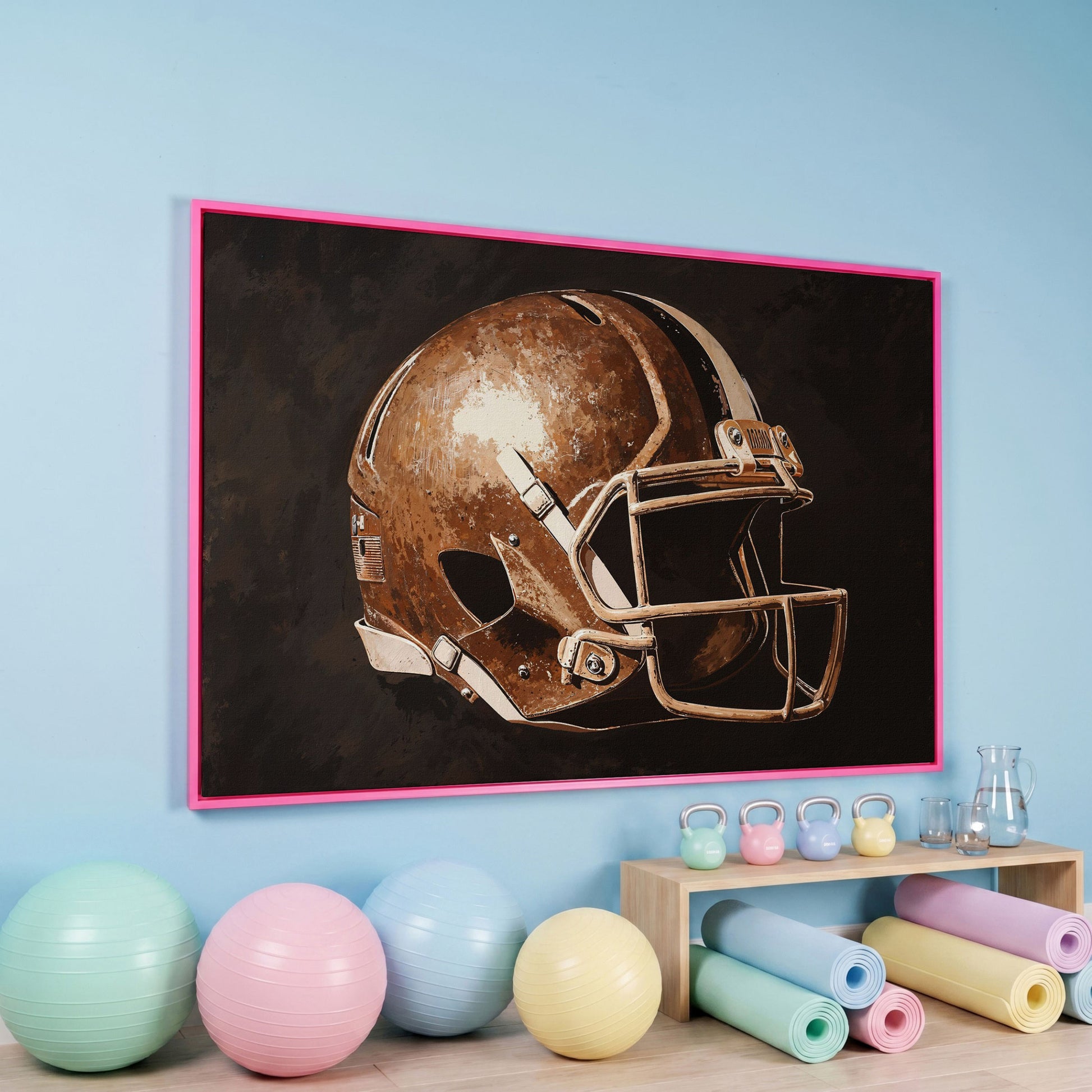Classic Football Helmet Canvas Print in pink floating frame