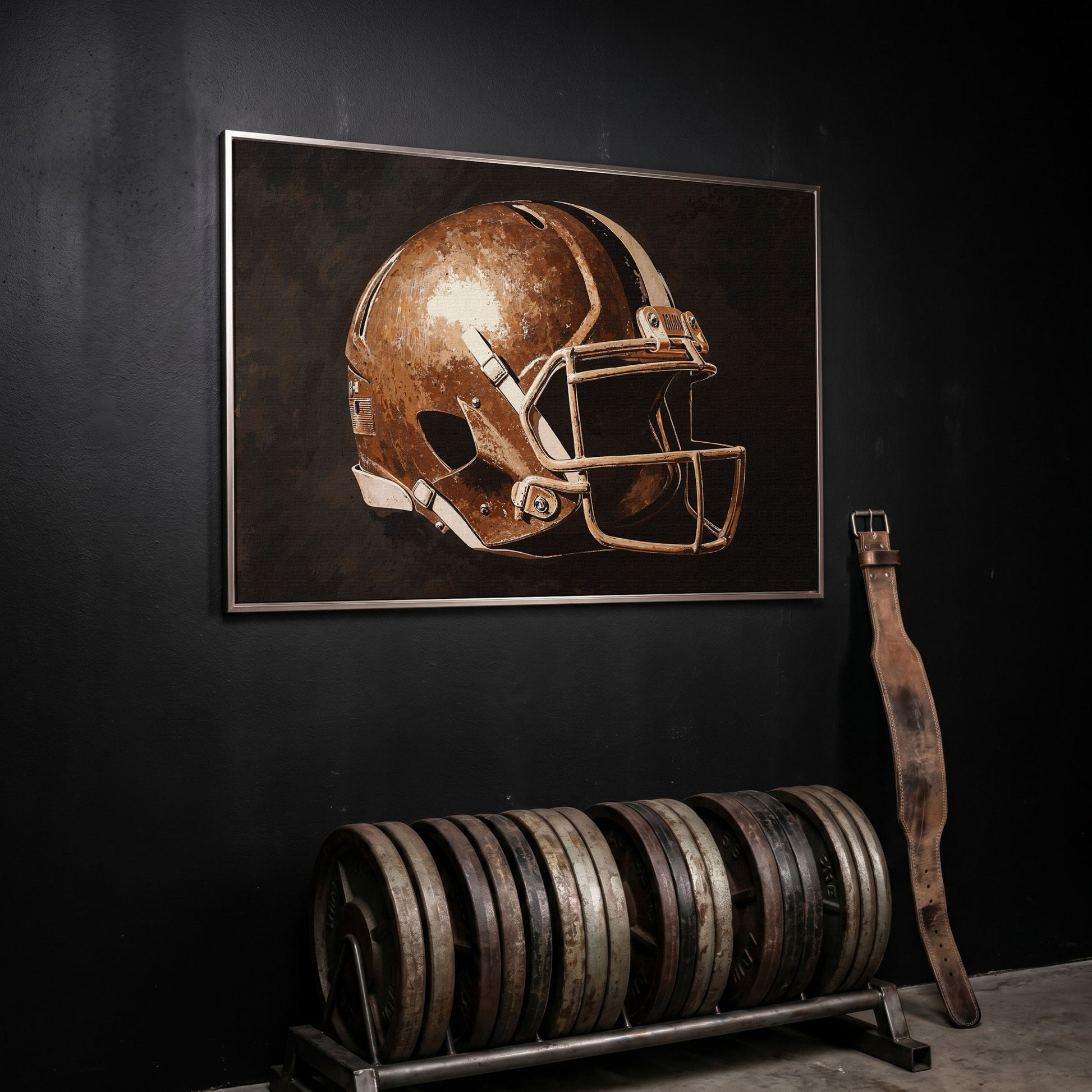 Classic Football Helmet Canvas Print in silver floating frame