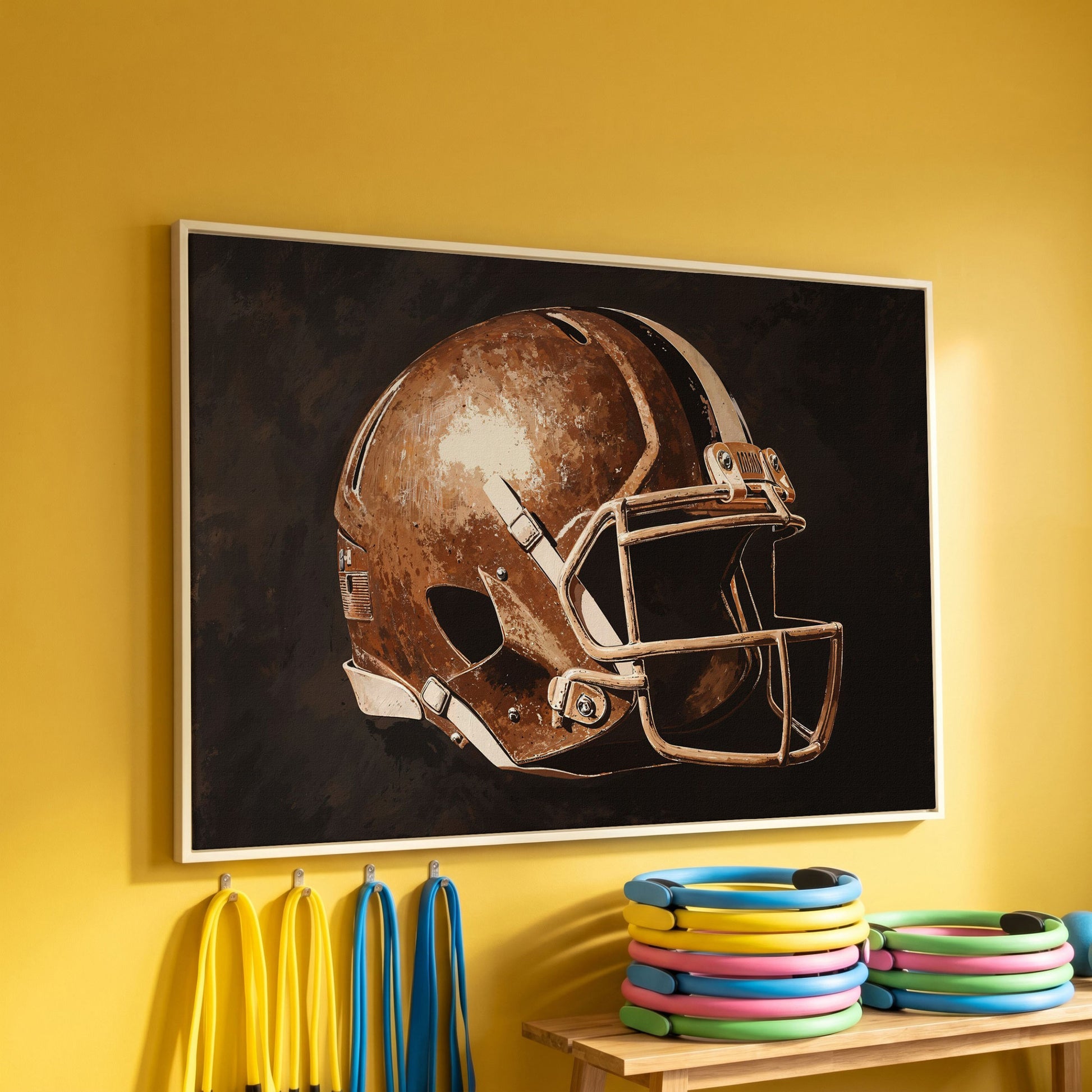 Classic Football Helmet Canvas Print in white floating frame