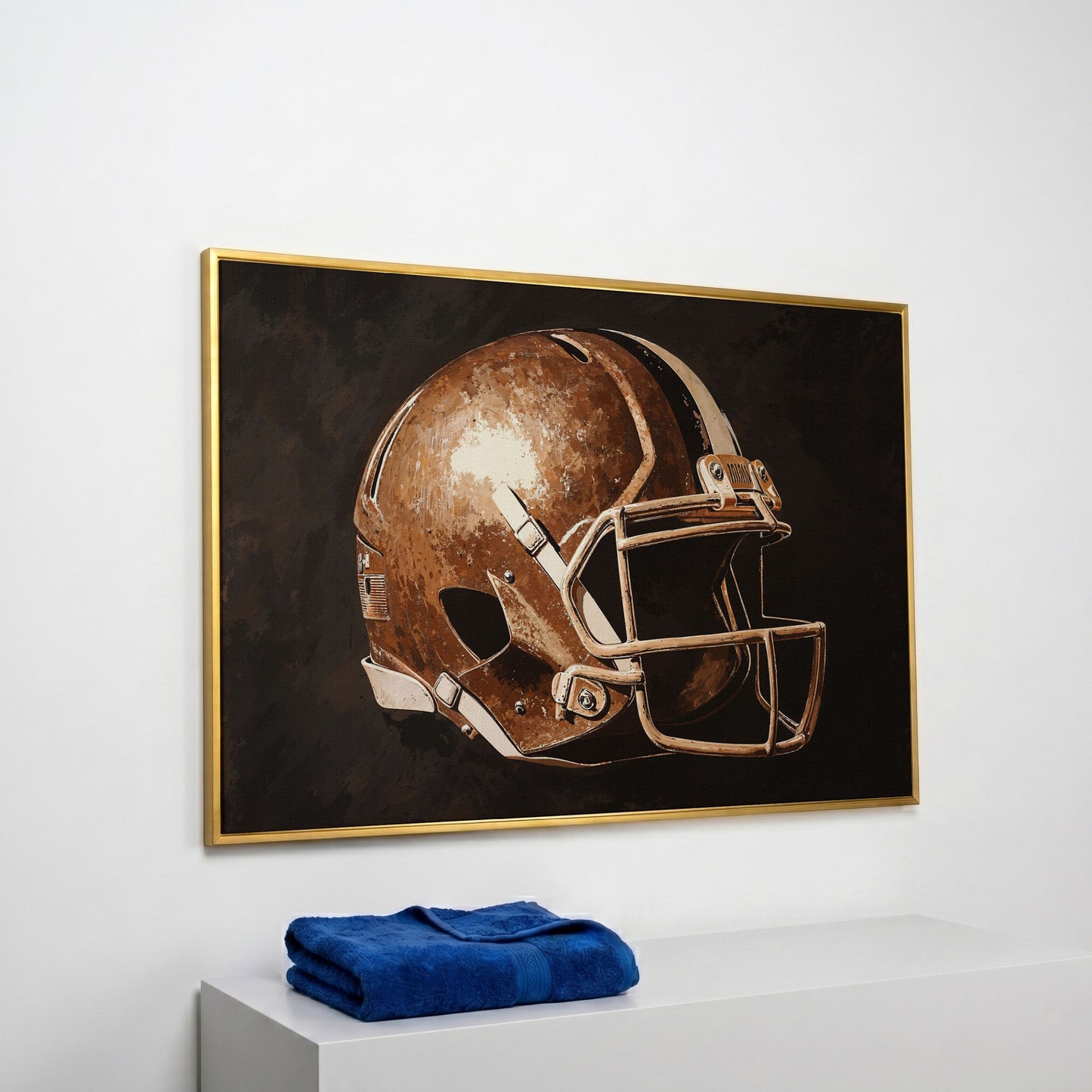 Classic Football Helmet Canvas Print in yellow gold floating frame