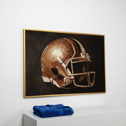 Classic Football Helmet Canvas Print in yellow gold floating frame