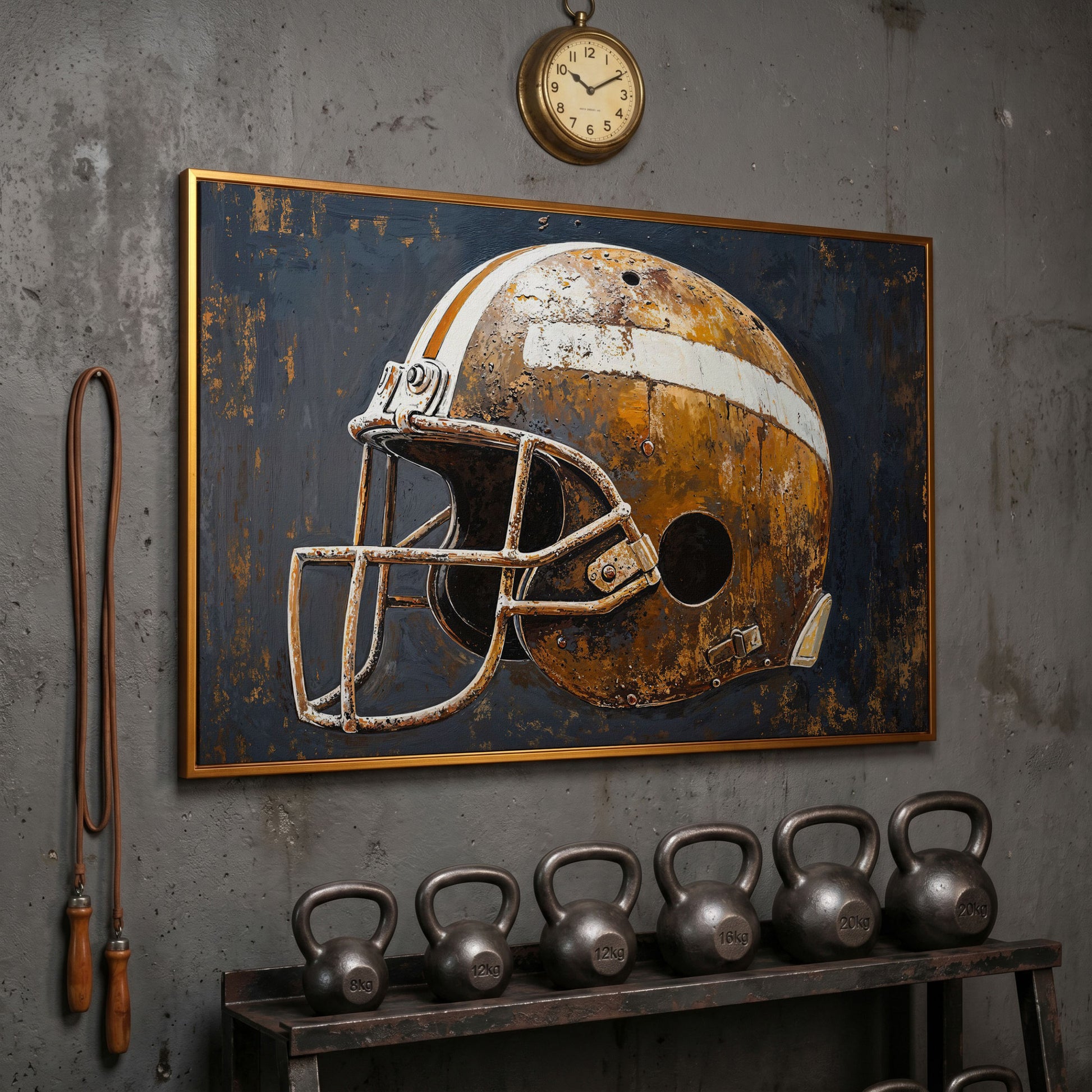 Vintage Football Helmet Canvas Print in Sienna and Charcoal in antique gold floating frame