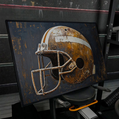 Vintage Football Helmet Canvas Print in Sienna and Charcoal in black floating frame