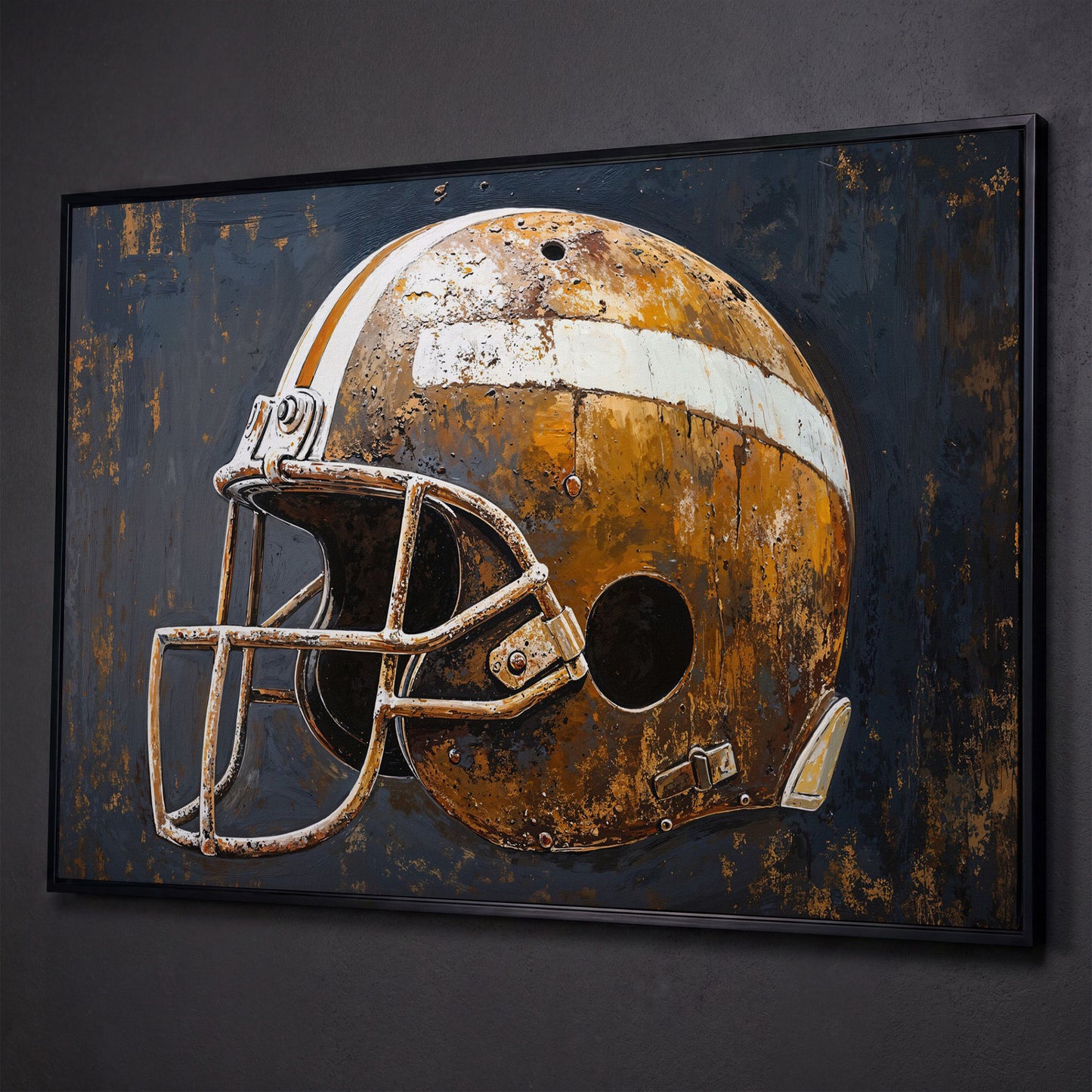 Vintage Football Helmet Canvas Print in Sienna and Charcoal shown in black floating frame