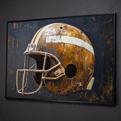 Vintage Football Helmet Canvas Print in Sienna and Charcoal shown in black floating frame