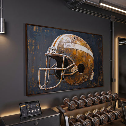 Vintage Football Helmet Canvas Print in Sienna and Charcoal in dark walnut floating frame