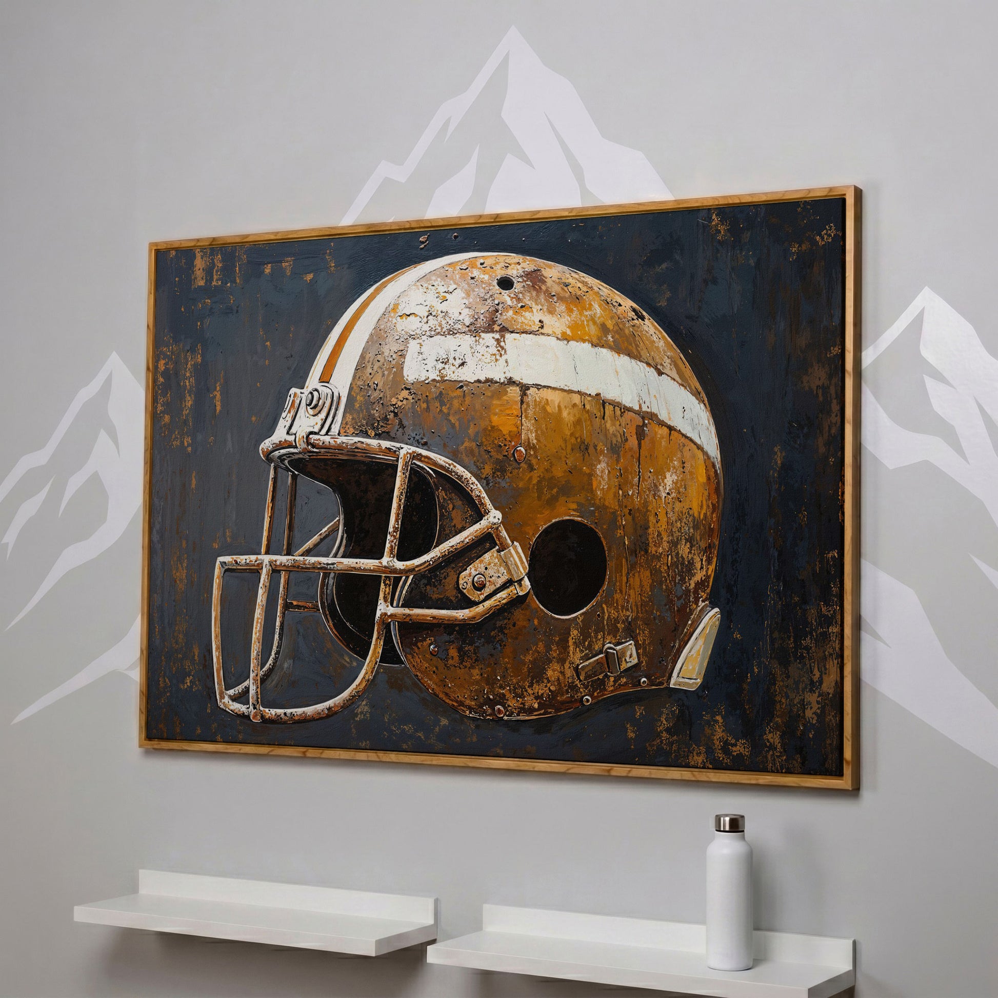 Vintage Football Helmet Canvas Print in Sienna and Charcoal in white oak floating frame