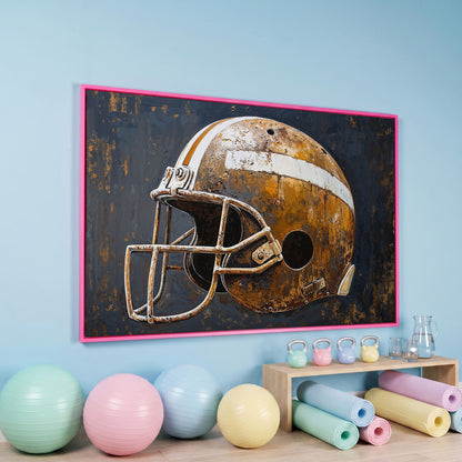 Vintage Football Helmet Canvas Print in Sienna and Charcoal in pink floating frame