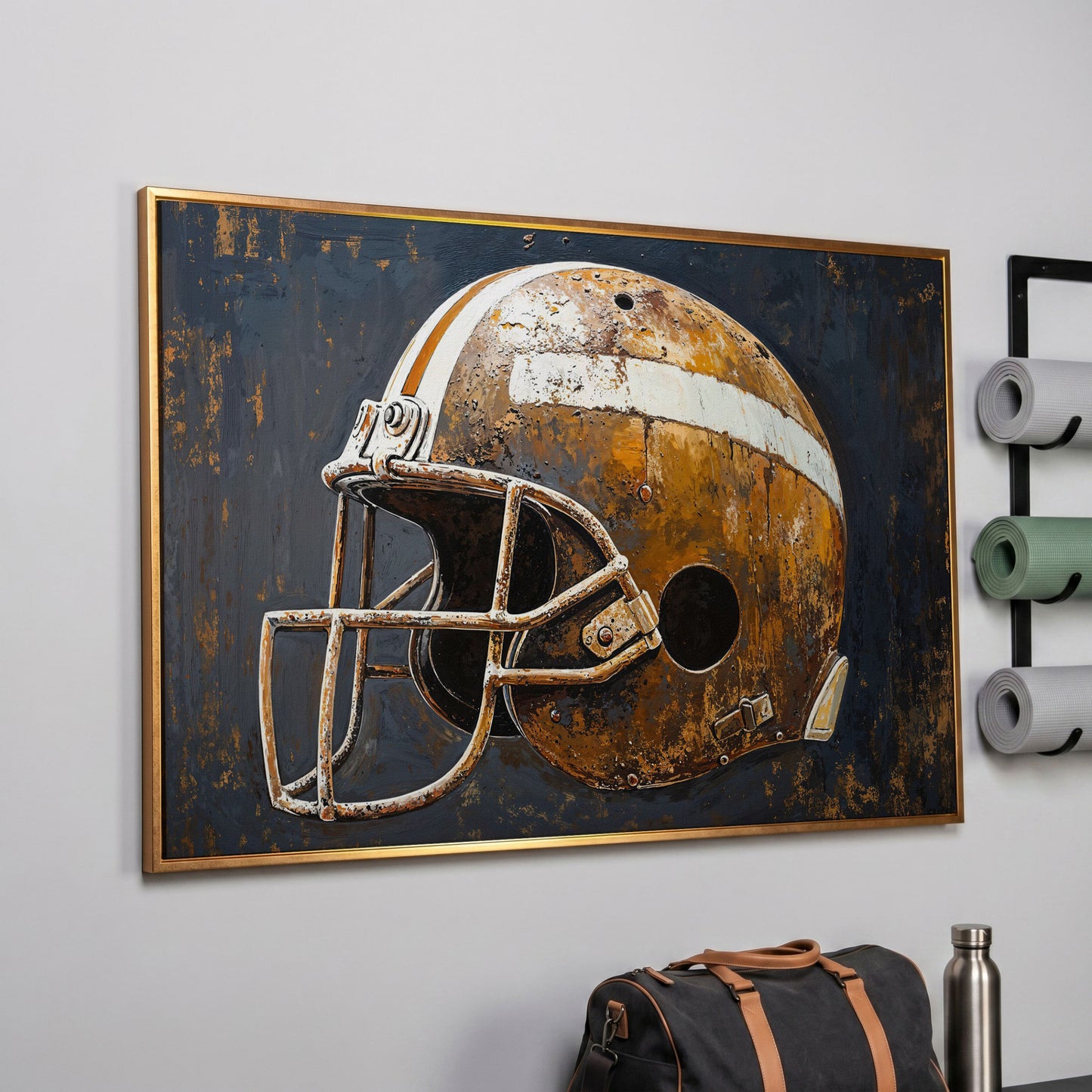 Vintage Football Helmet Canvas Print in Sienna and Charcoal in rose gold floating frame