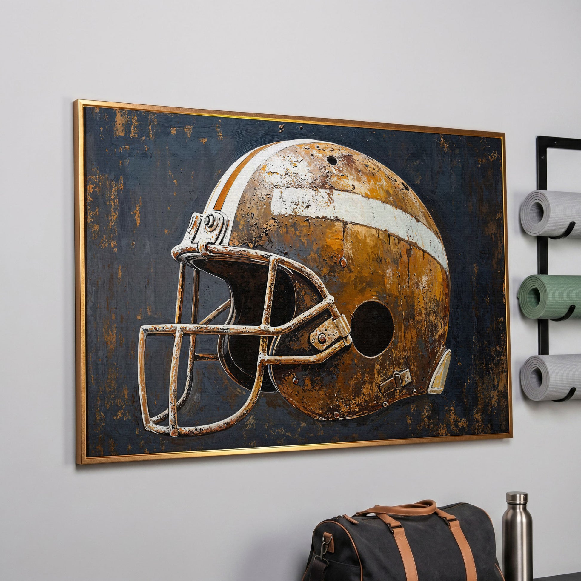 Vintage Football Helmet Canvas Print in Sienna and Charcoal in rose gold floating frame
