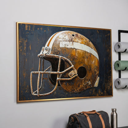 Vintage Football Helmet Canvas Print in Sienna and Charcoal in rose gold floating frame