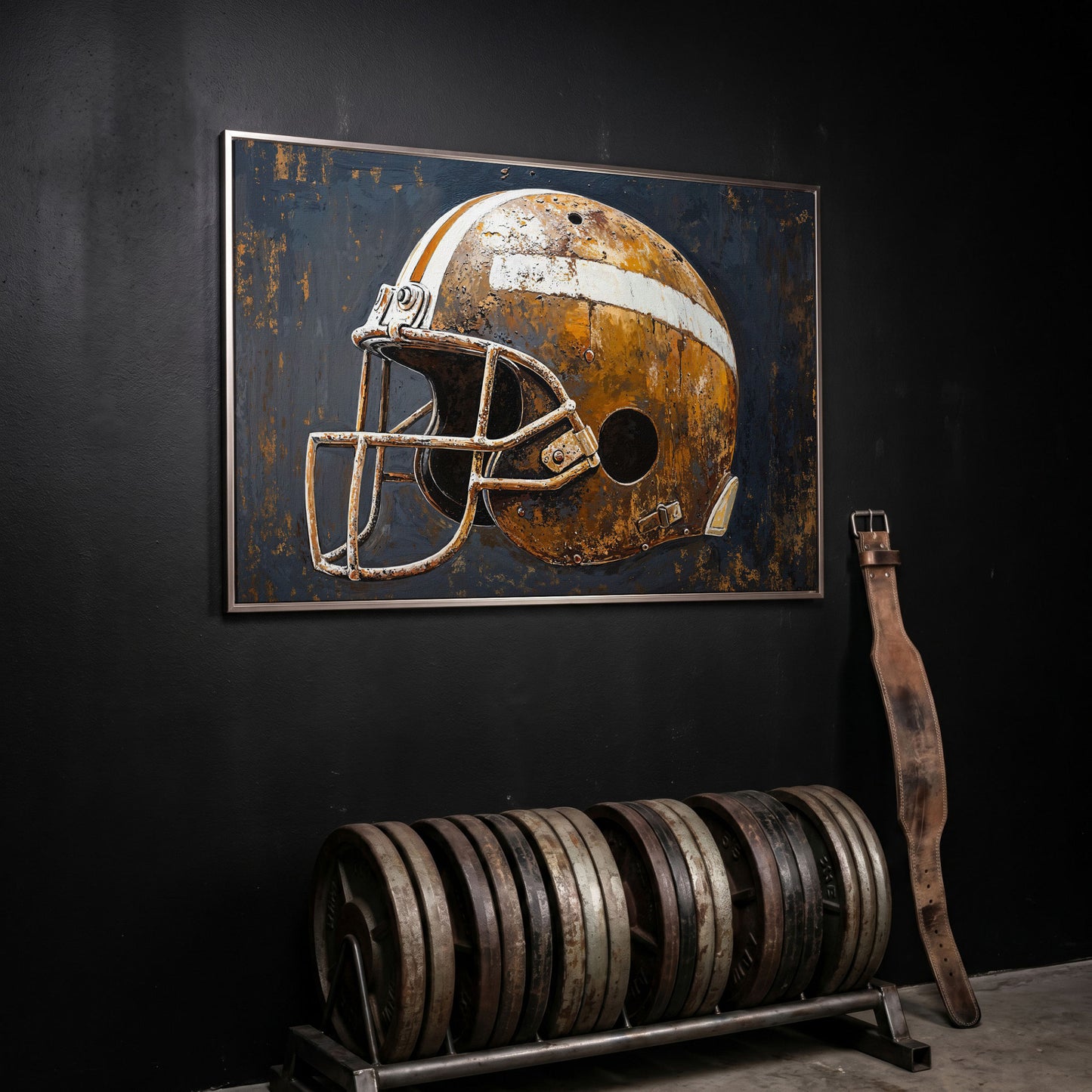 Vintage Football Helmet Canvas Print in Sienna and Charcoal in silver floating frame