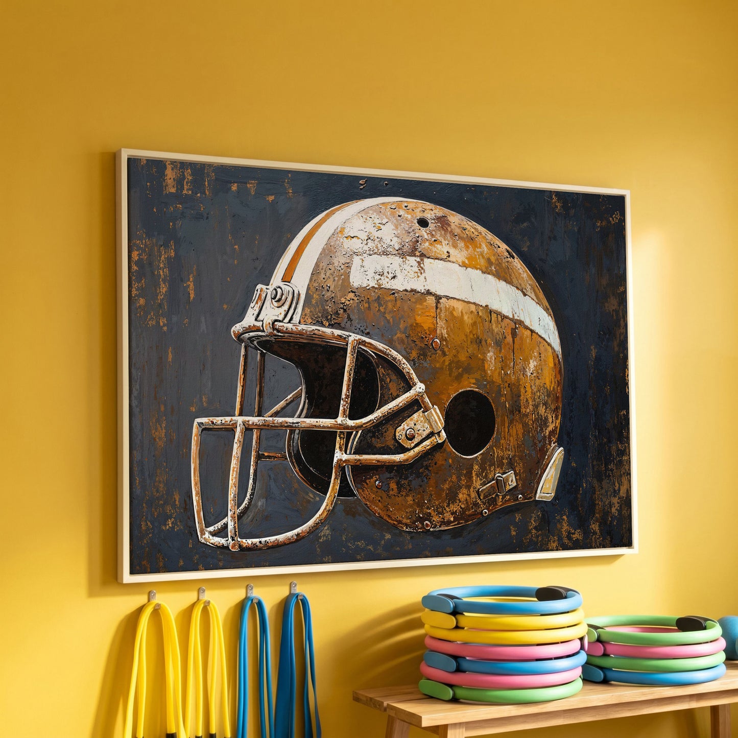 Vintage Football Helmet Canvas Print in Sienna and Charcoal in white floating frame