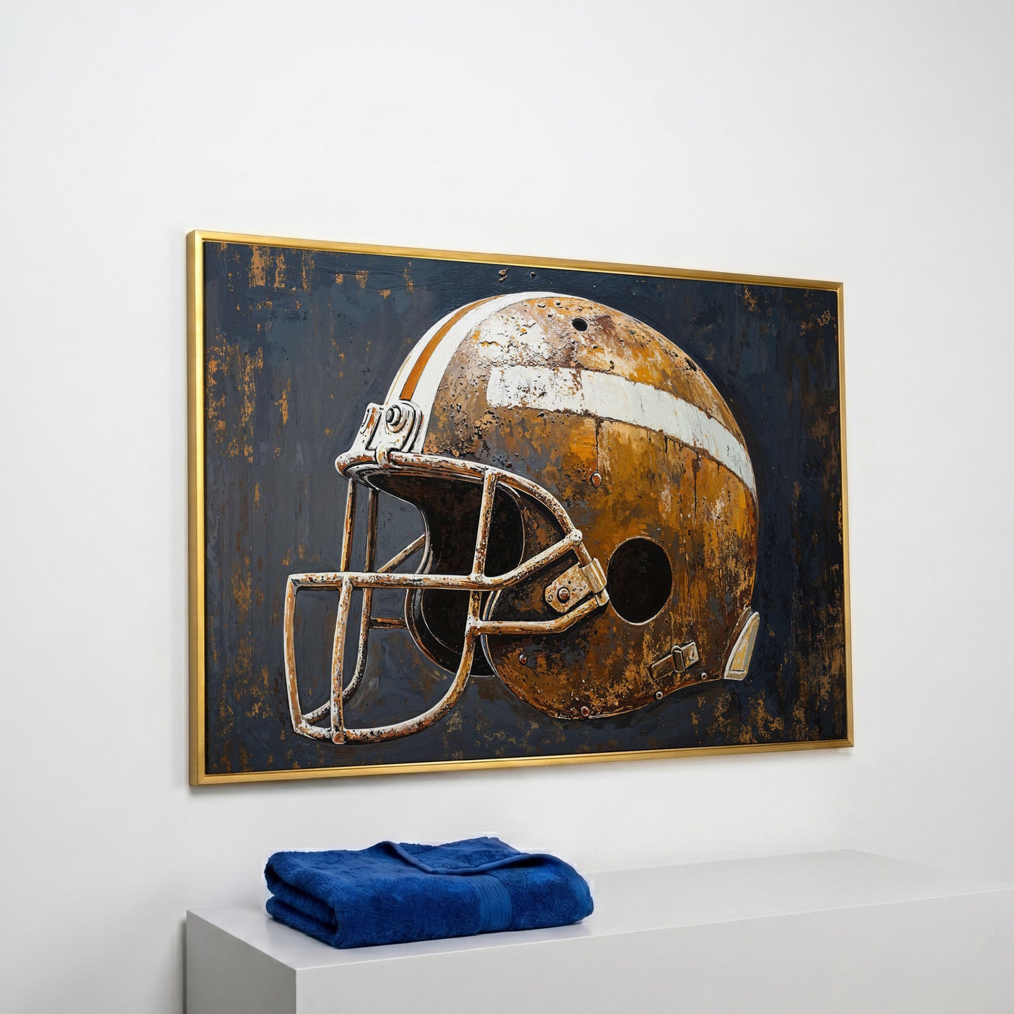 Vintage Football Helmet Canvas Print in Sienna and Charcoal in yellow gold floating frame