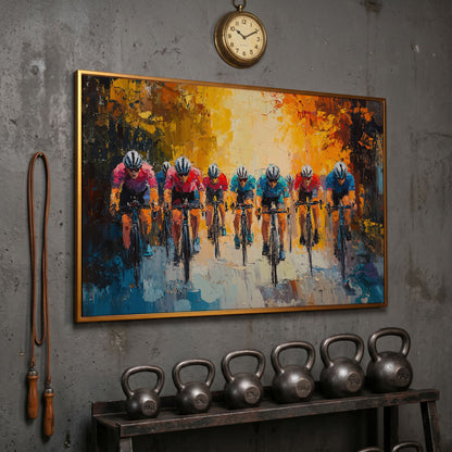 Colorful Cyclists Canvas Print with Teal & Burnt Orange in antique gold floating frame