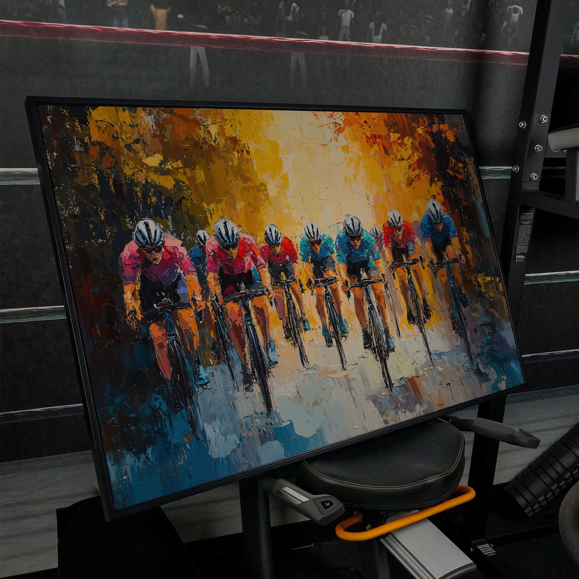 Colorful Cyclists Canvas Print with Teal & Burnt Orange in black floating frame