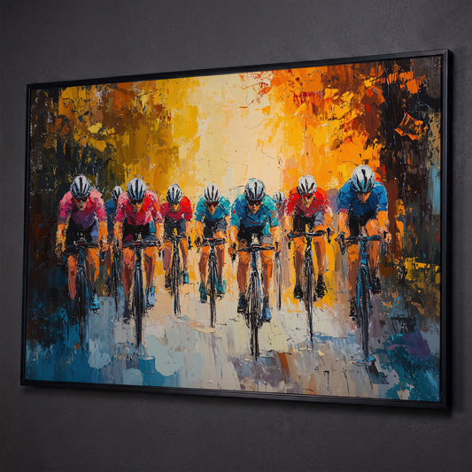 Colorful Cyclists Canvas Print with Teal & Burnt Orange shown in black floating frame