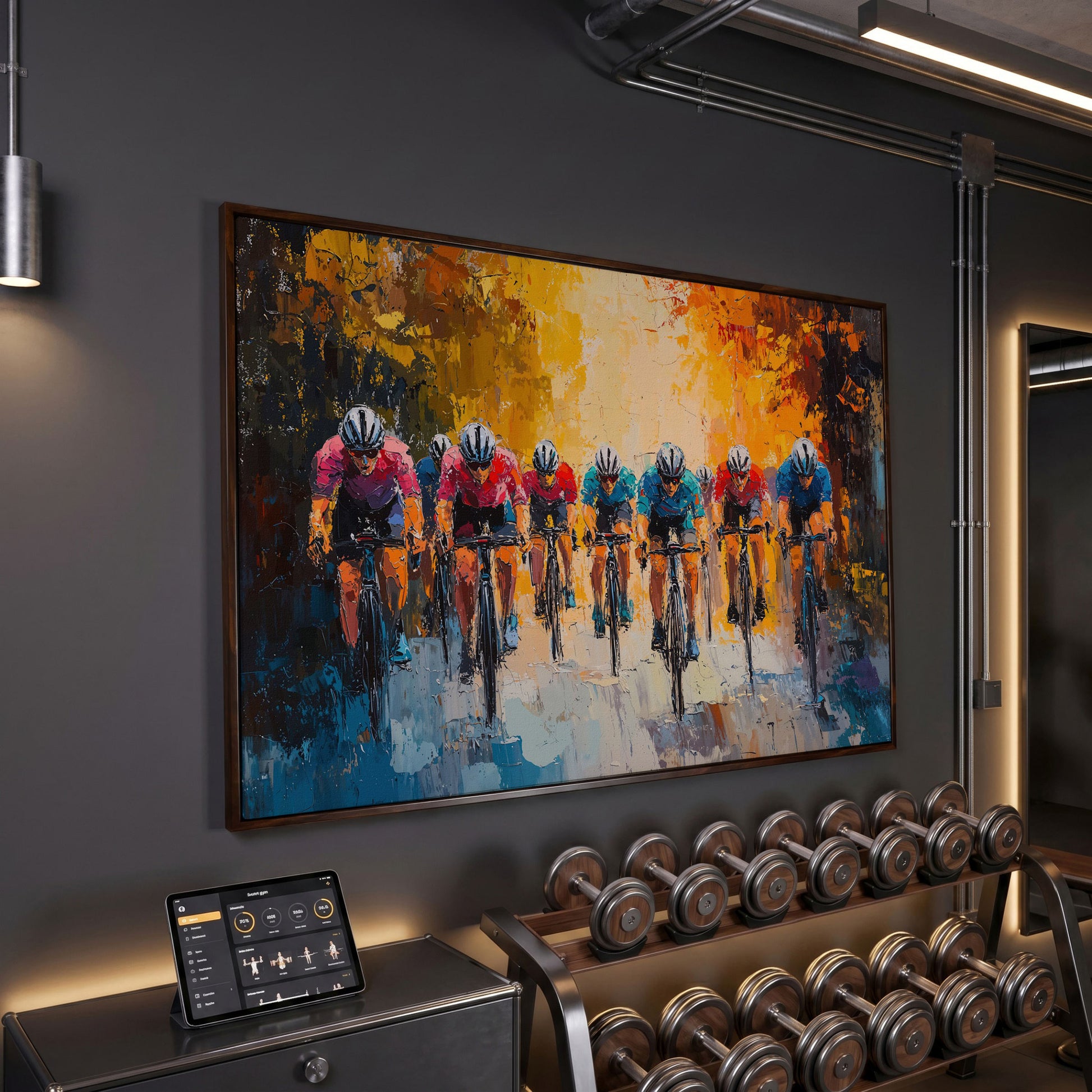 Colorful Cyclists Canvas Print with Teal & Burnt Orange in dark walnut floating frame