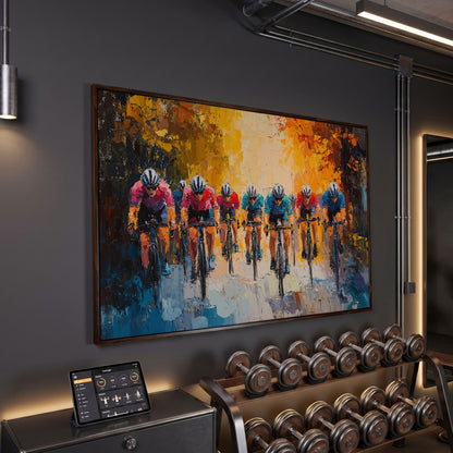 Colorful Cyclists Canvas Print with Teal & Burnt Orange in dark walnut floating frame