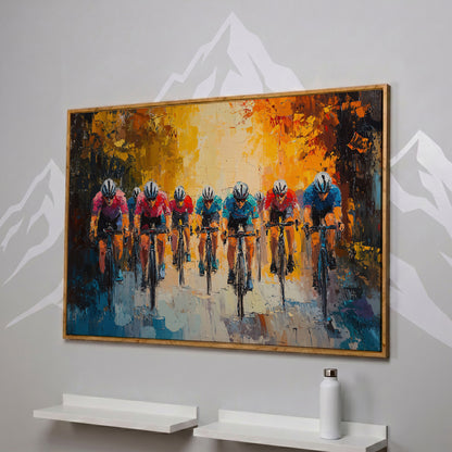 Colorful Cyclists Canvas Print with Teal & Burnt Orange in white oak floating frame