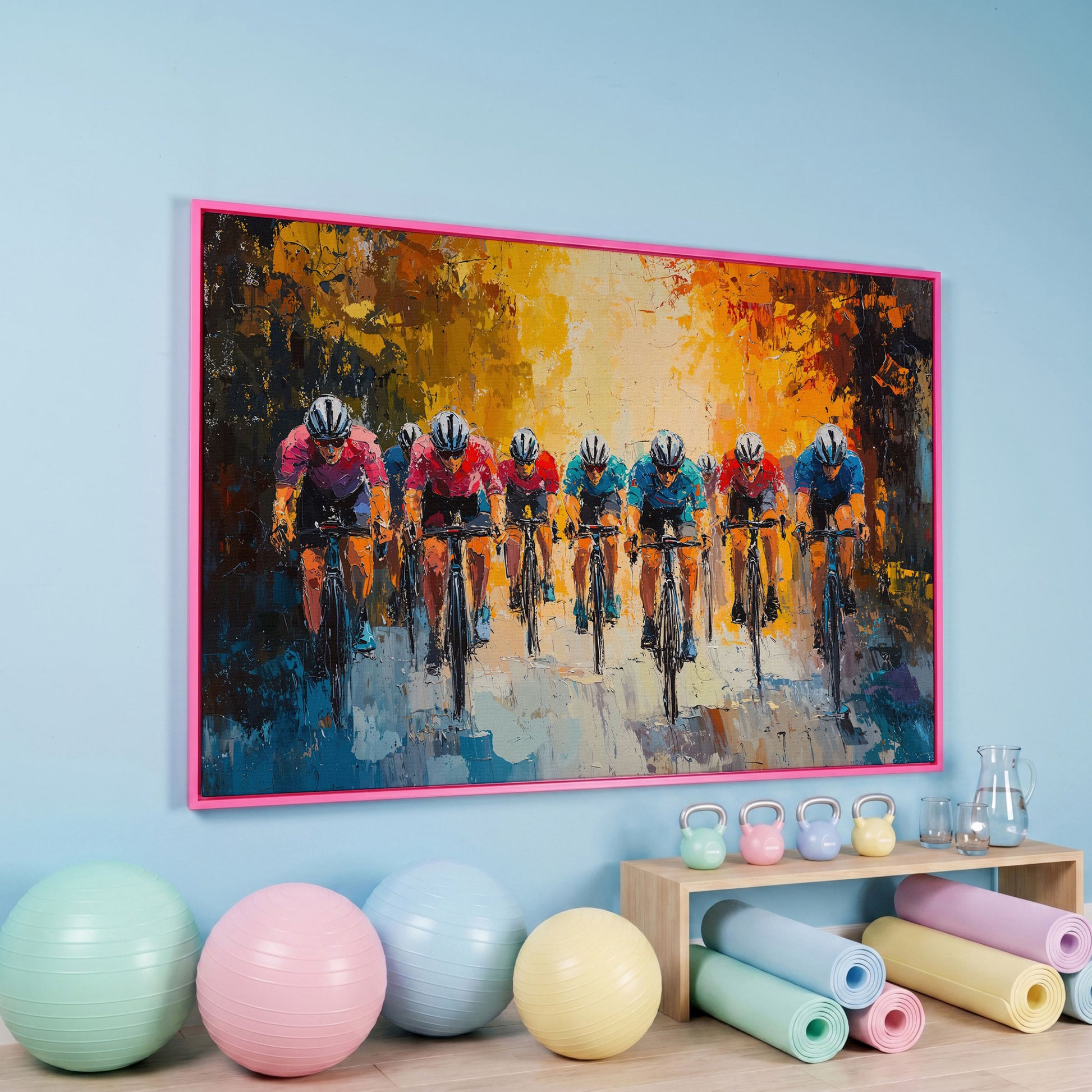 Colorful Cyclists Canvas Print with Teal & Burnt Orange in pink floating frame