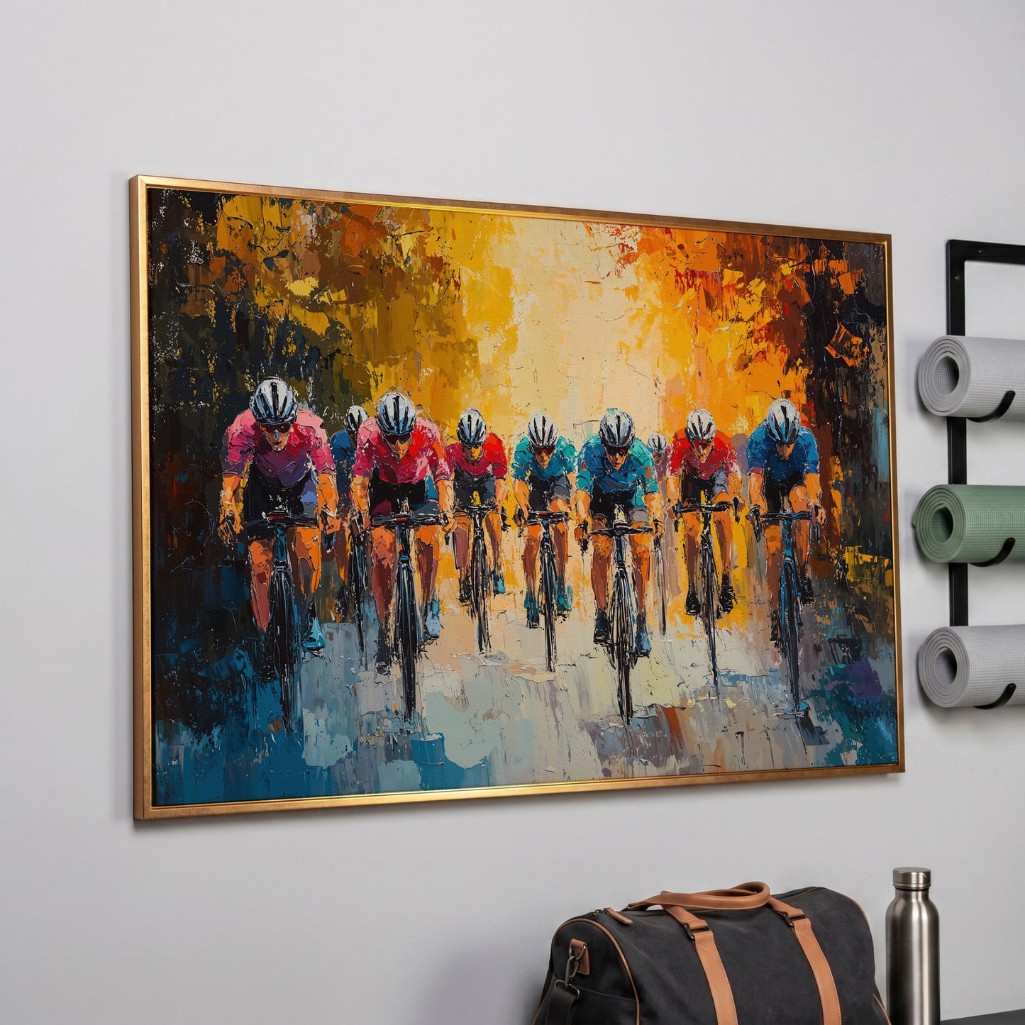 Colorful Cyclists Canvas Print with Teal & Burnt Orange in rose gold floating frame