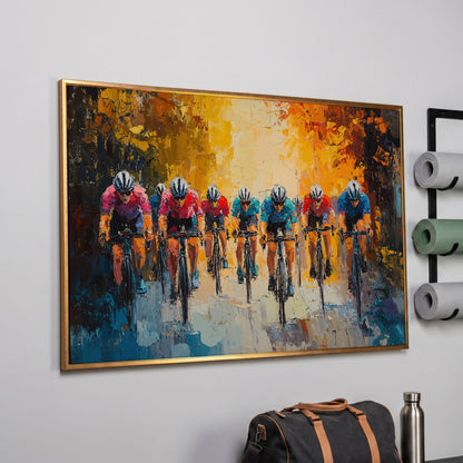 Colorful Cyclists Canvas Print with Teal & Burnt Orange in rose gold floating frame