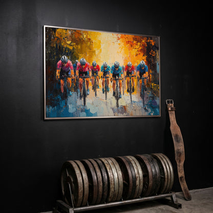 Colorful Cyclists Canvas Print with Teal & Burnt Orange in silver floating frame