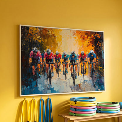 Colorful Cyclists Canvas Print with Teal & Burnt Orange in white floating frame