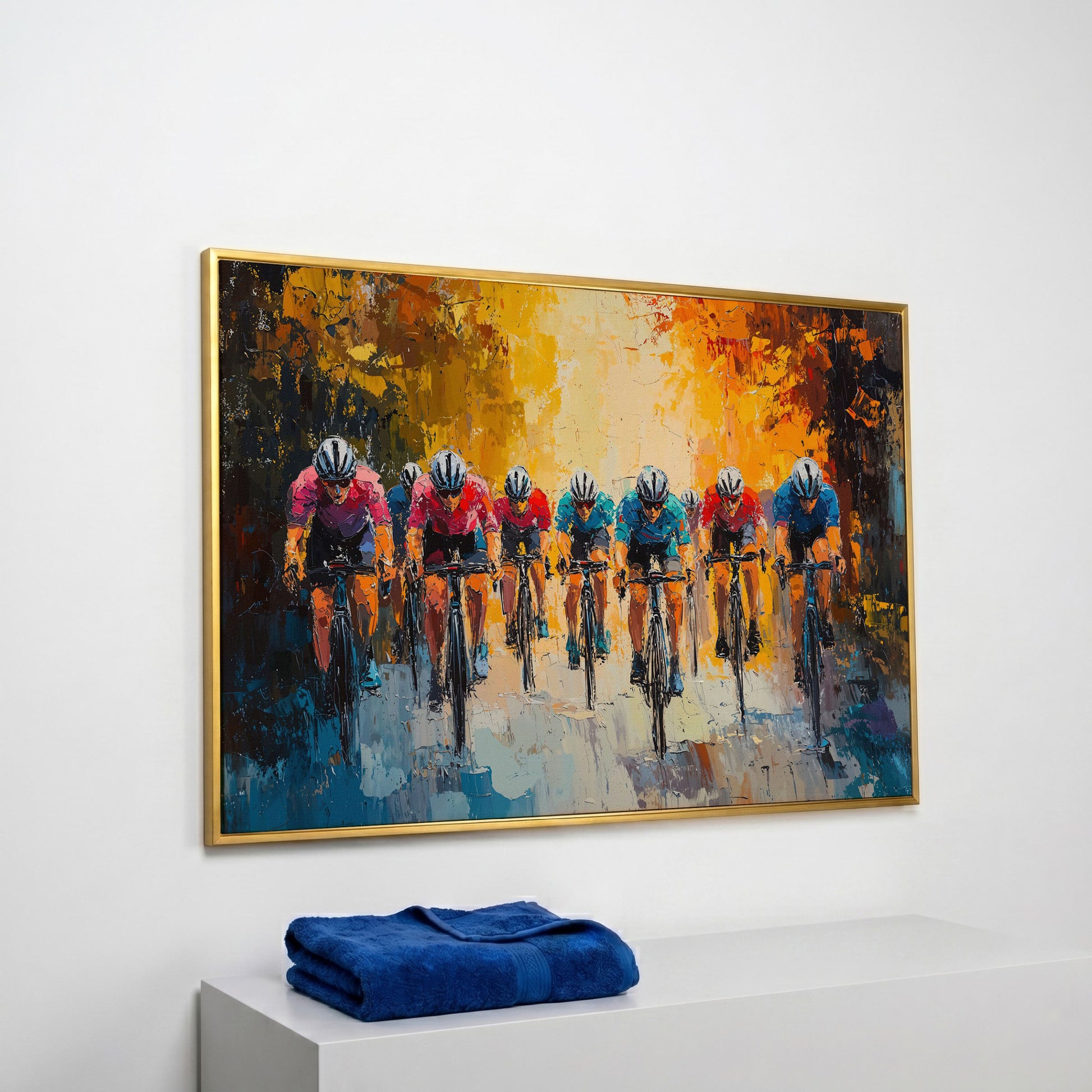 Colorful Cyclists Canvas Print with Teal & Burnt Orange in yellow gold floating frame