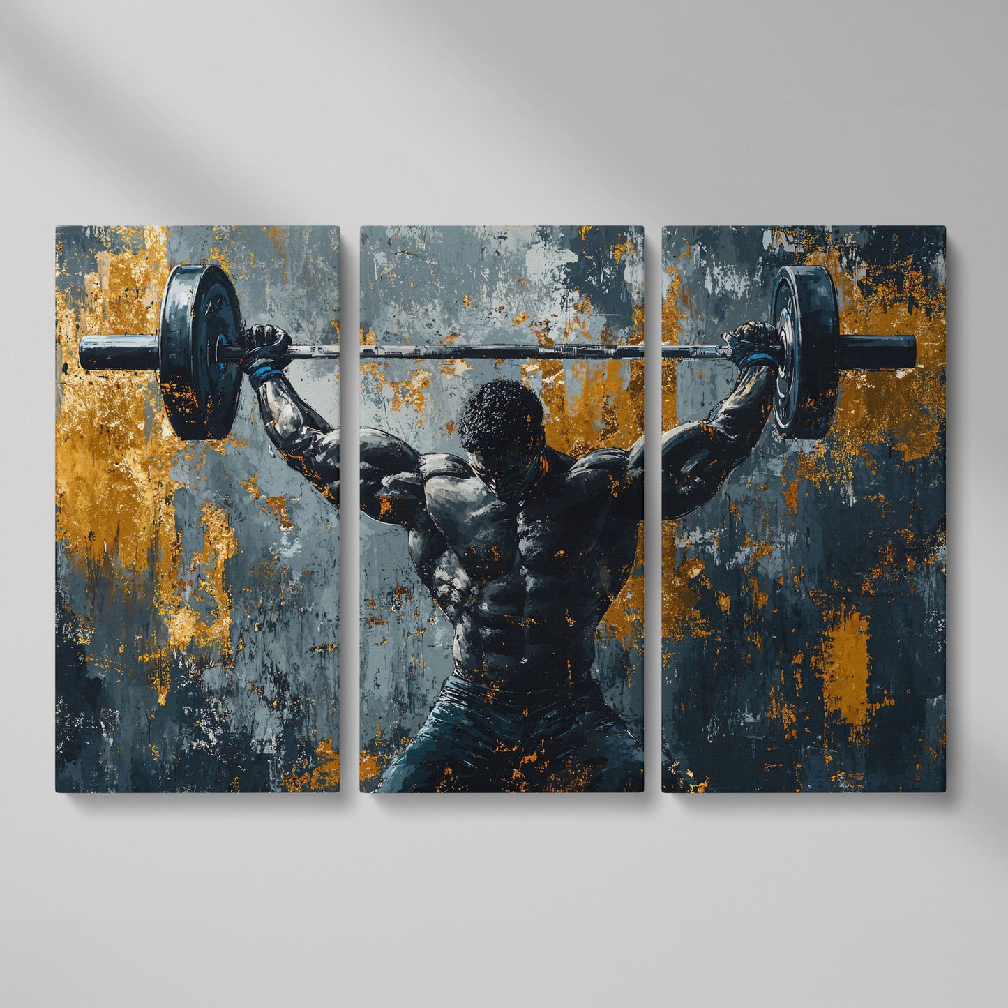 Powerlifter Overhead Canvas Print in Charcoal & Gold as 3-panel split version