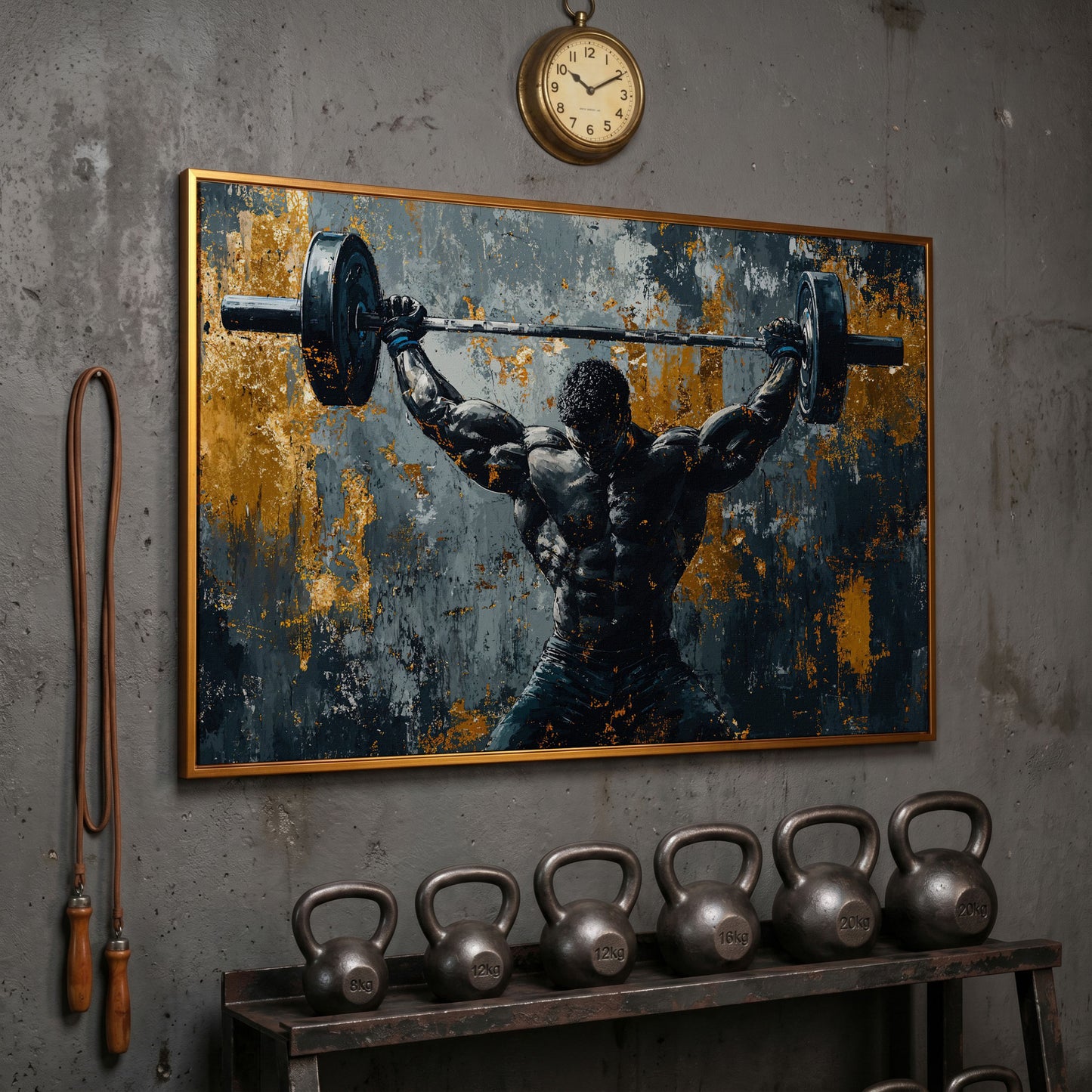 Powerlifter Overhead Canvas Print in Charcoal & Gold in antique gold floating frame