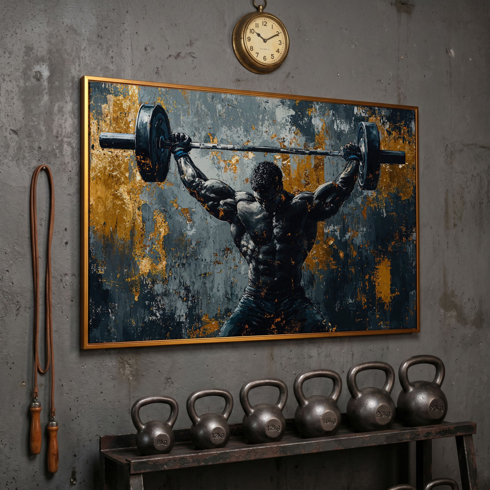 Powerlifter Overhead Canvas Print in Charcoal & Gold in antique gold floating frame