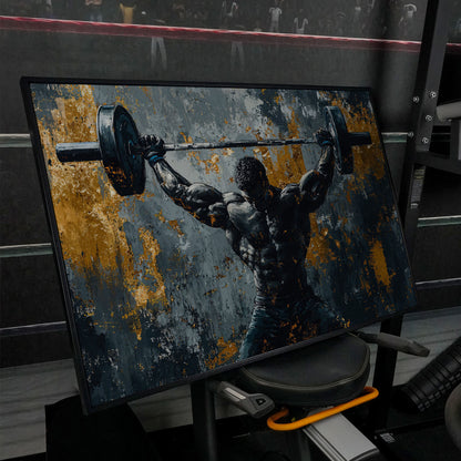 Powerlifter Overhead Canvas Print in Charcoal & Gold in black floating frame