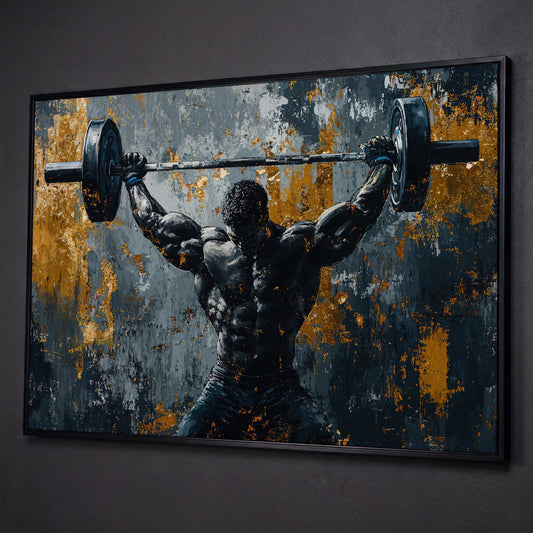 Powerlifter Overhead Canvas Print in Charcoal & Gold shown in black floating frame