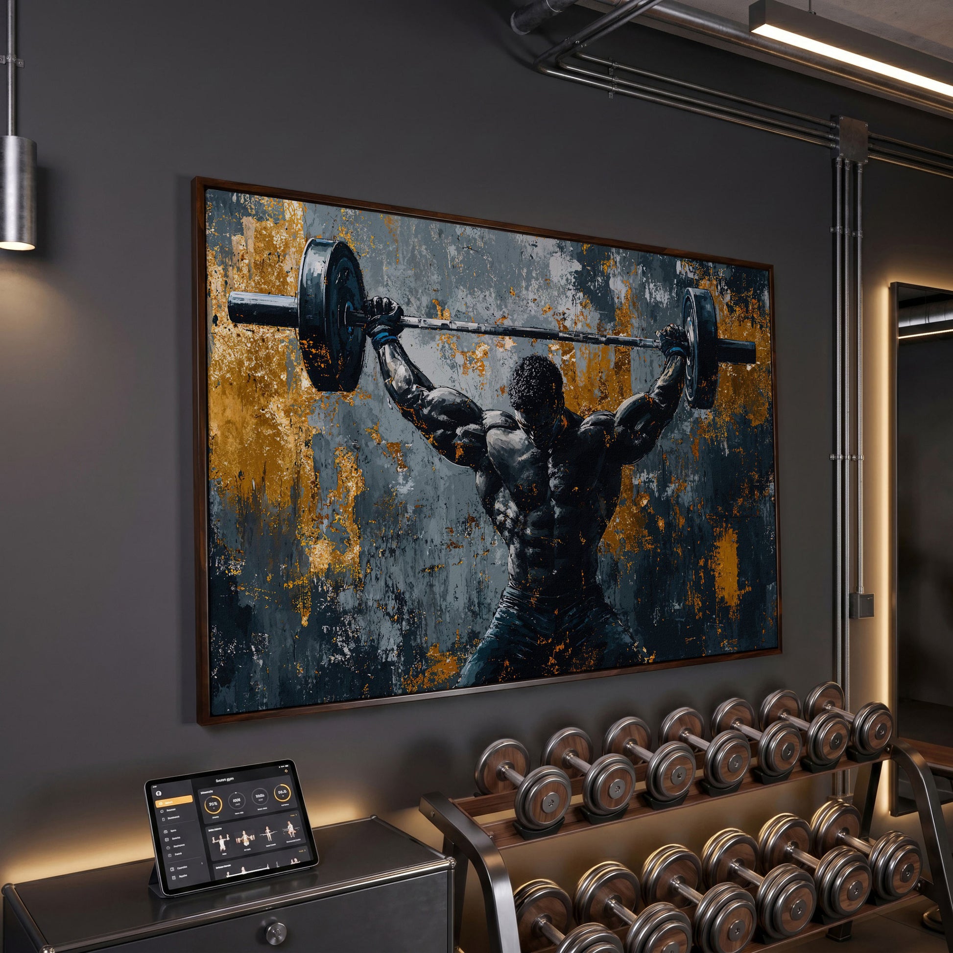 Powerlifter Overhead Canvas Print in Charcoal & Gold in dark walnut floating frame