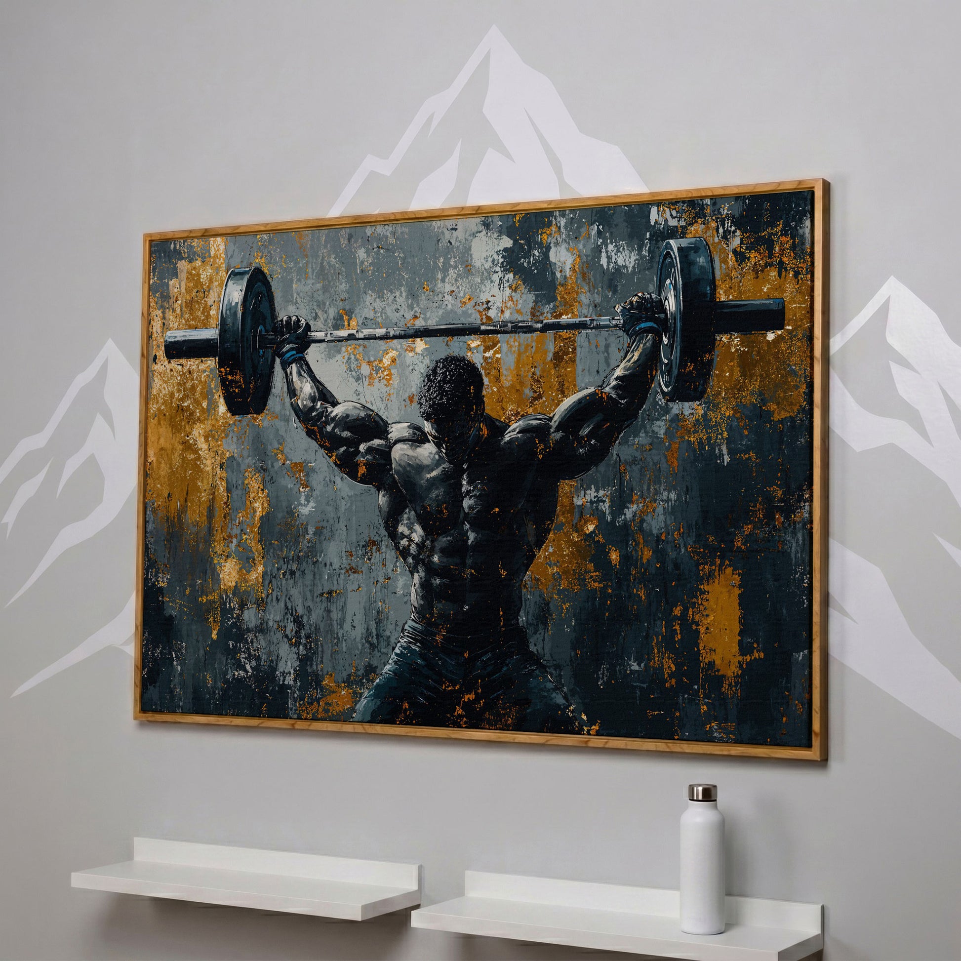 Powerlifter Overhead Canvas Print in Charcoal & Gold in white oak floating frame