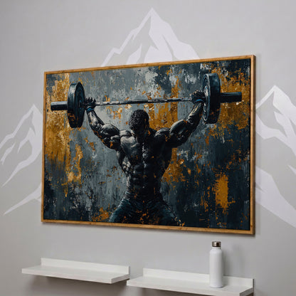 Powerlifter Overhead Canvas Print in Charcoal & Gold in white oak floating frame