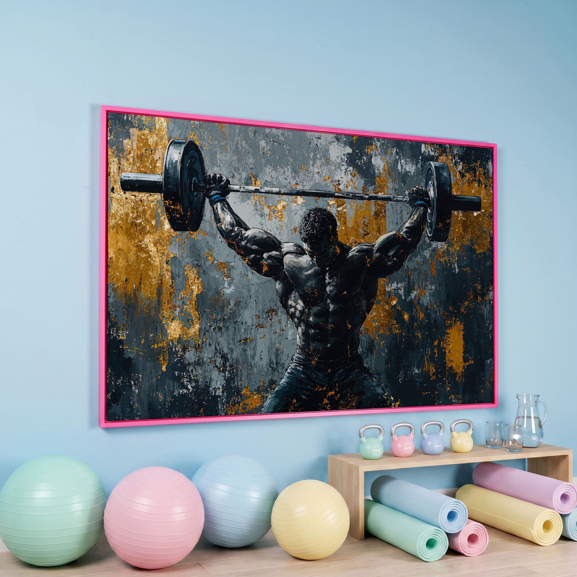 Powerlifter Overhead Canvas Print in Charcoal & Gold in pink floating frame