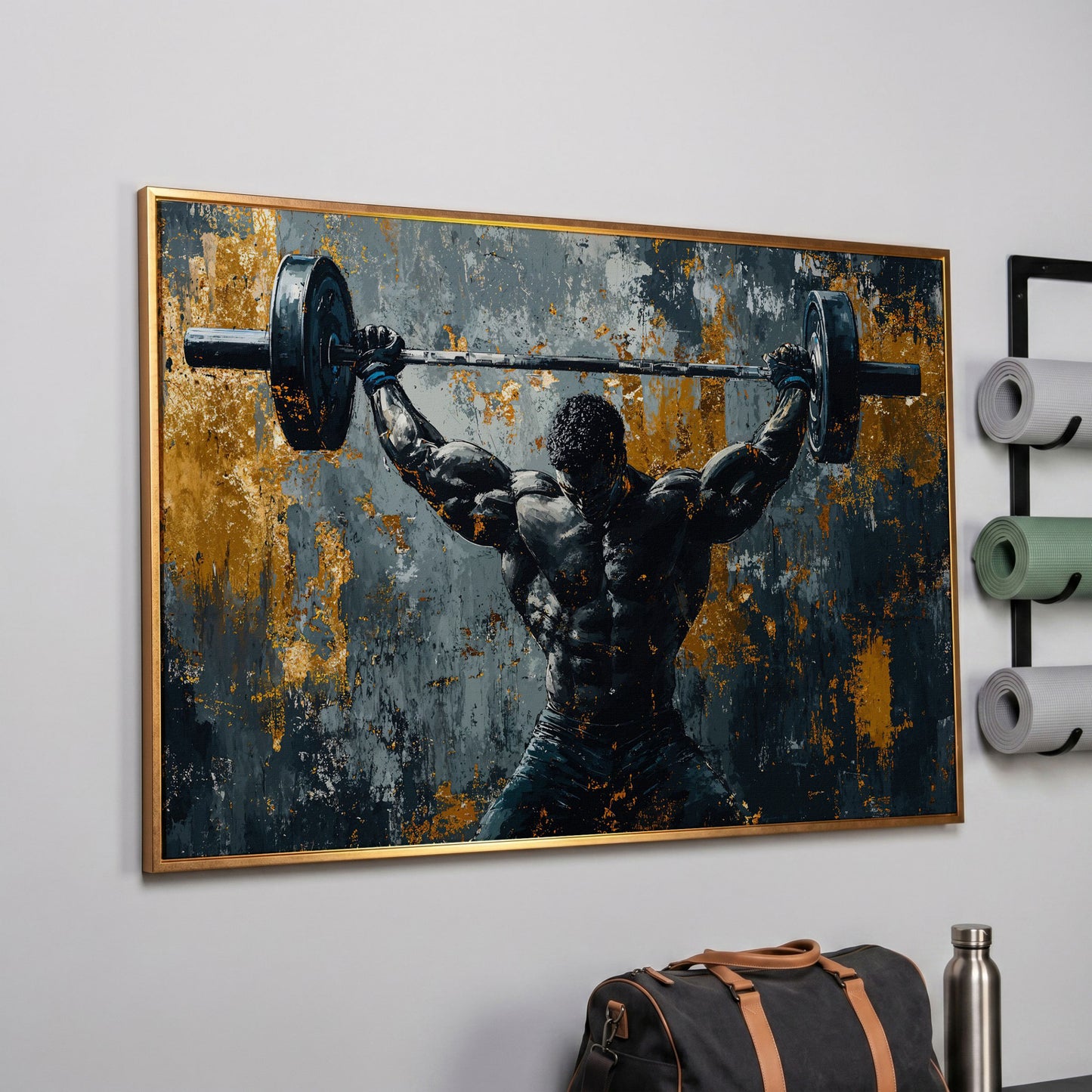 Powerlifter Overhead Canvas Print in Charcoal & Gold in rose gold floating frame