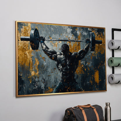 Powerlifter Overhead Canvas Print in Charcoal & Gold in rose gold floating frame
